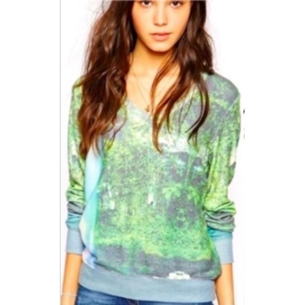 Wildfox Green | Forest Waterfall Landscape Print V-Neck Long Sleeve Top | Size M